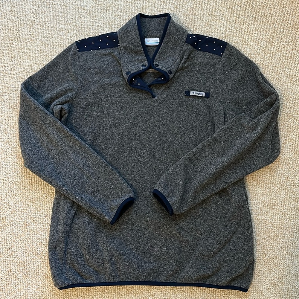 Columbia Fleece Pullover Jacket Gray with Navy Polka Dot Trim Size Large